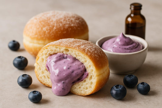 Filled doughnut cut open to show blueberry cream cheese filling