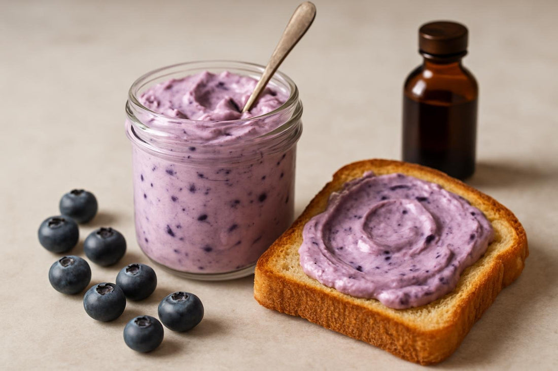 Jar of blueberry cream cheese spread with toast