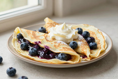 Folded blueberry crêpes on a plate, the filling and toppings from the recipe clearly visible