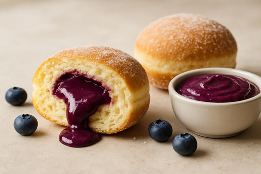Filled doughnut cut open to show blueberry curd