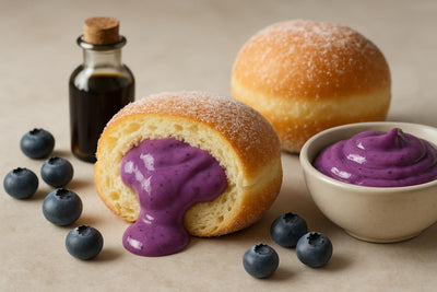 Filled doughnut cut open to show blueberry custard