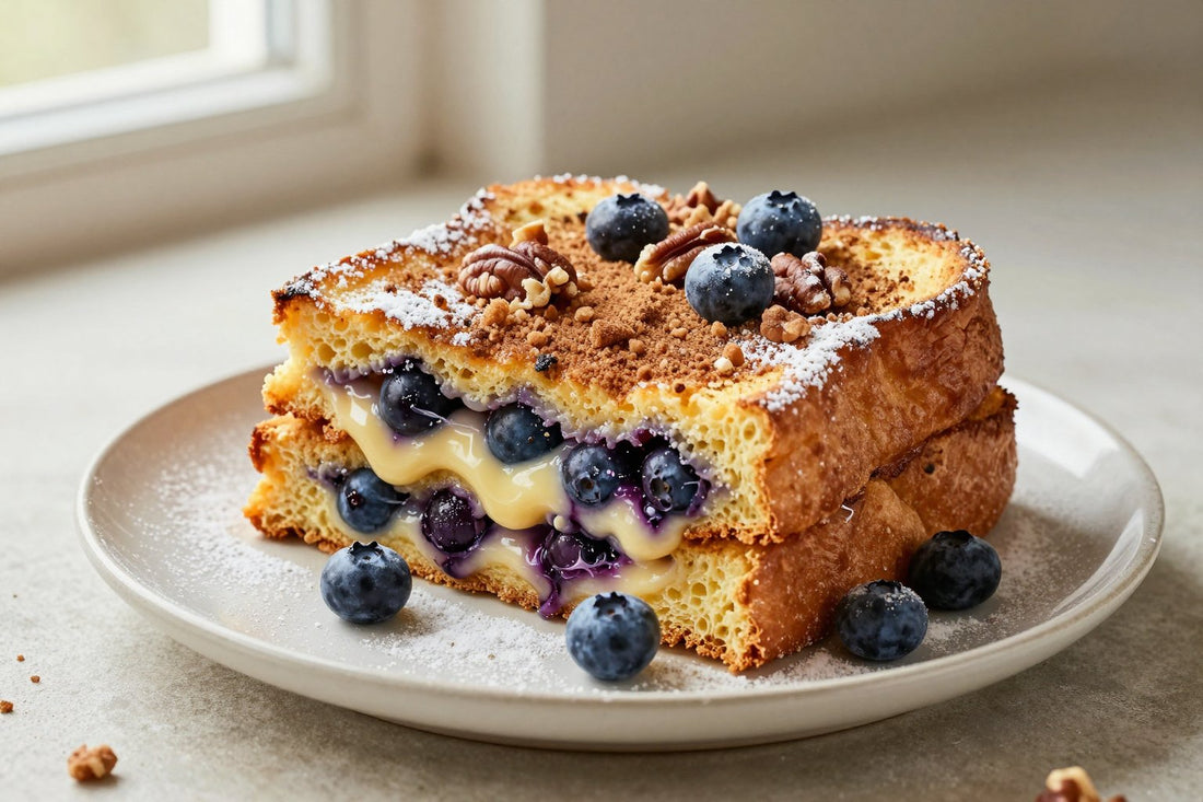A stack of thick golden slices of blueberry french toast bake on a plate, dusted with powdered sugar
