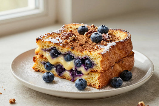 A stack of thick golden slices of blueberry french toast bake on a plate, dusted with powdered sugar