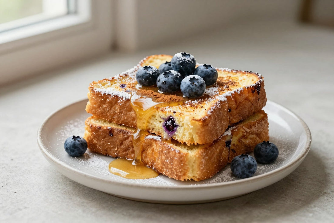 A stack of thick golden slices of blueberry french toast on a plate, dusted with powdered sugar