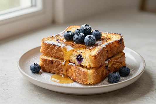 A stack of thick golden slices of blueberry french toast on a plate, dusted with powdered sugar