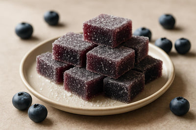 Squares of blueberry fruit jellies rolled in sugar