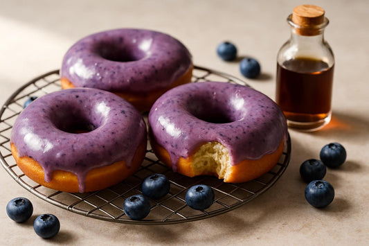 Doughnuts finished with blueberry glaze on a cooling rack