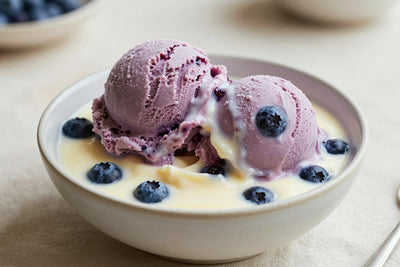 Two generous scoops of blueberry ice cream in a shallow ceramic bowl, softly melting at the edges