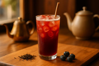Blueberry Iced Tea in a glass on an oak café counter