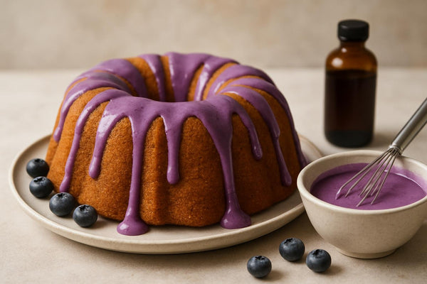 Bundt cake drizzled with blueberry icing