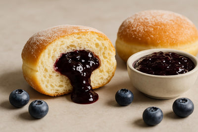 Filled doughnut cut open to show blueberry jam filling
