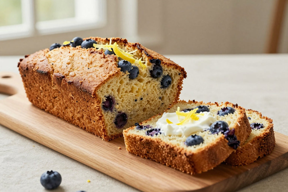 A loaf of blueberry lemon bread on a wooden board, two thick slices cut to show the moist crumb