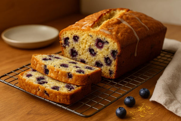 Blueberry Lemon Bread loaf with sliced pieces on an oak board