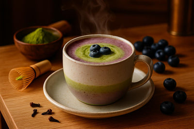 Blueberry Matcha Latte in a ceramic mug on an oak kitchen island