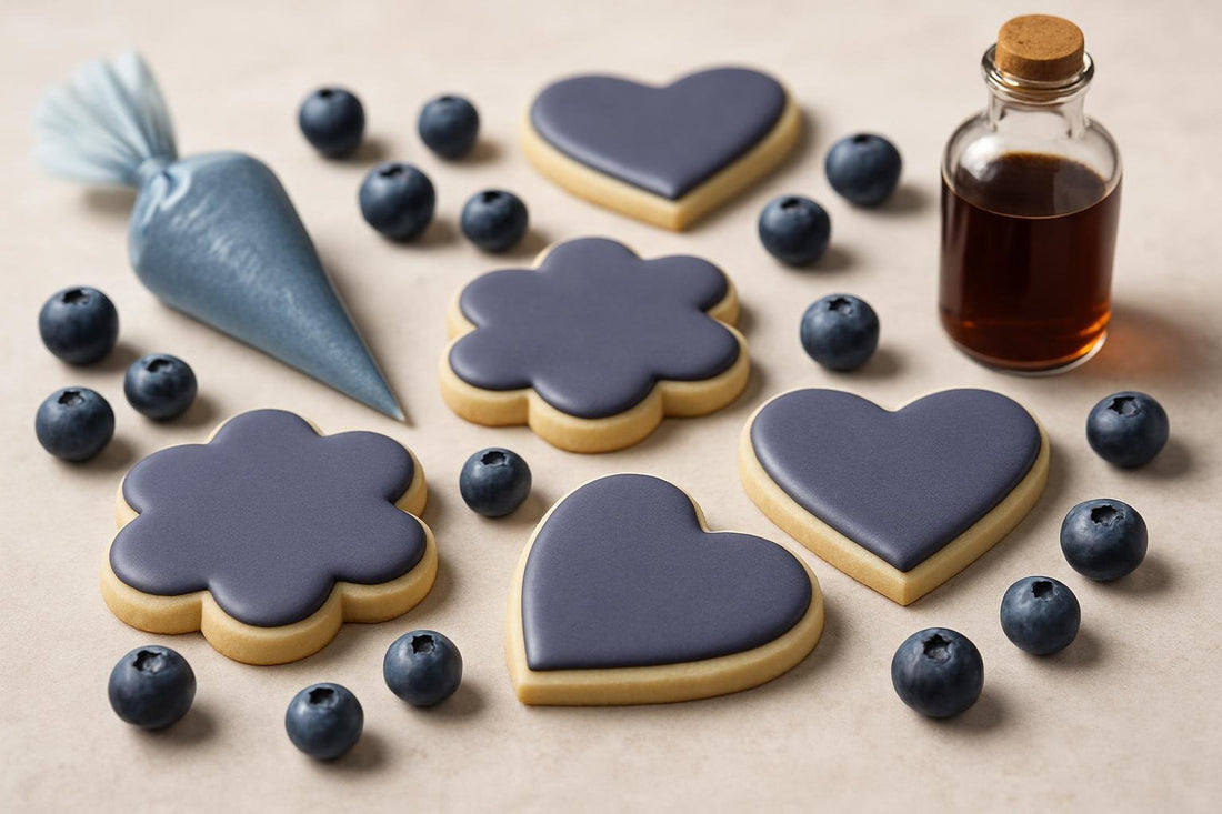 Sugar cookies decorated with blueberry royal icing