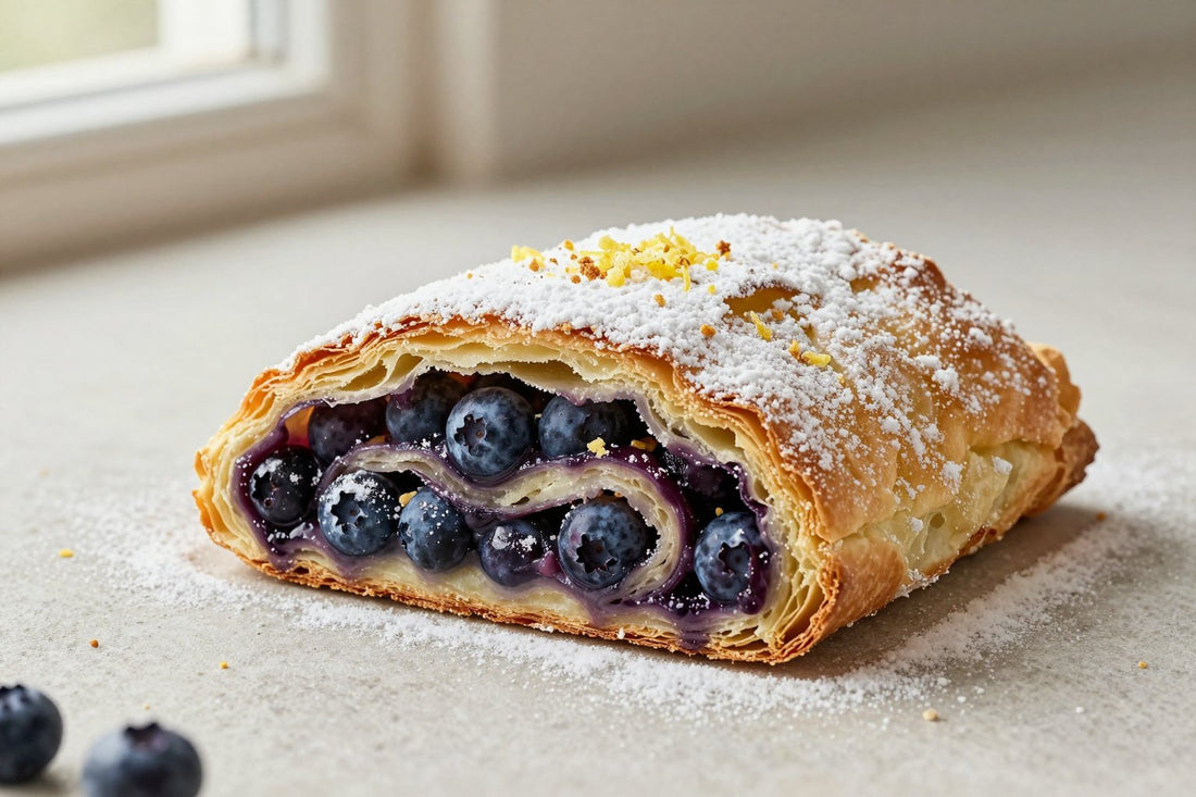 A sliced blueberry strudel dusted with powdered sugar, showing the swirl of filling and flaky layers