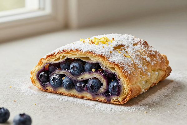 A sliced blueberry strudel dusted with powdered sugar, showing the swirl of filling and flaky layers
