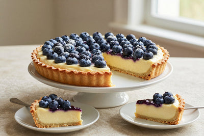 A blueberry tart on a cake stand with one slice cut out and served on a small plate