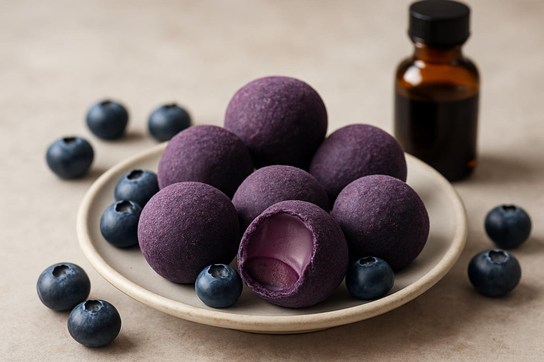 Blueberry Truffles on a plate, one bitten