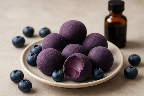 Blueberry Truffles on a plate, one bitten