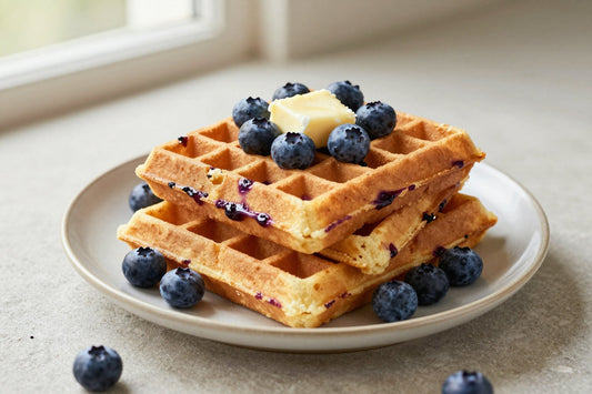 A stack of golden blueberry waffles on a plate with a pat of butter and the toppings from the recipe