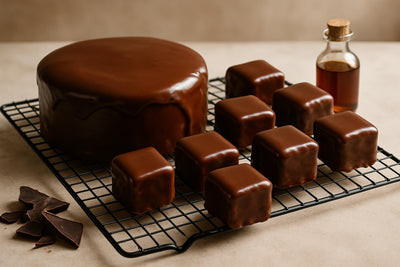 Cake coated in glossy boiled chocolate icing
