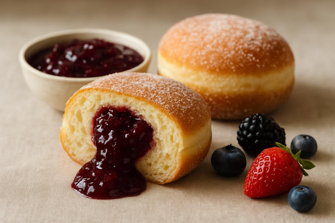 Filled doughnut cut open to show boysenberry jam filling