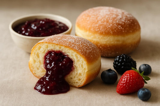 Filled doughnut cut open to show boysenberry jam filling