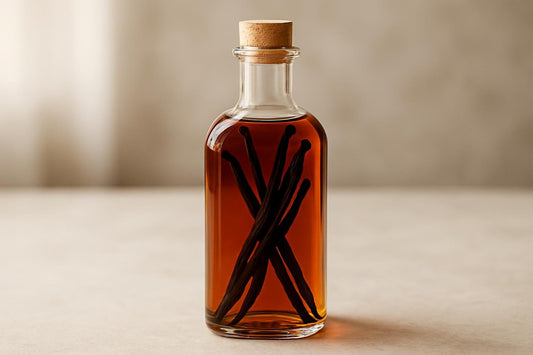 Bottle of homemade brandy vanilla extract with vanilla beans