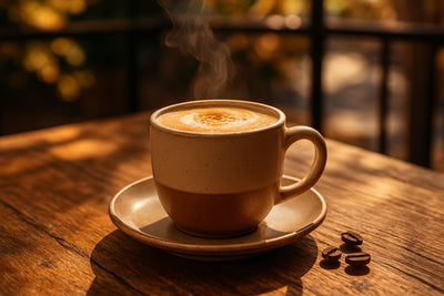 Breve in a ceramic mug on an oak patio table