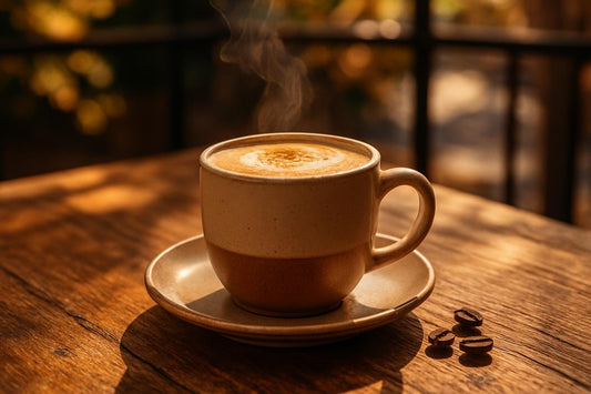 Breve in a ceramic mug on an oak patio table