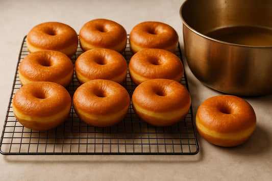 A dozen plain, unglazed brioche doughnut dough cooling on a wire rack next to a pot, golden brown