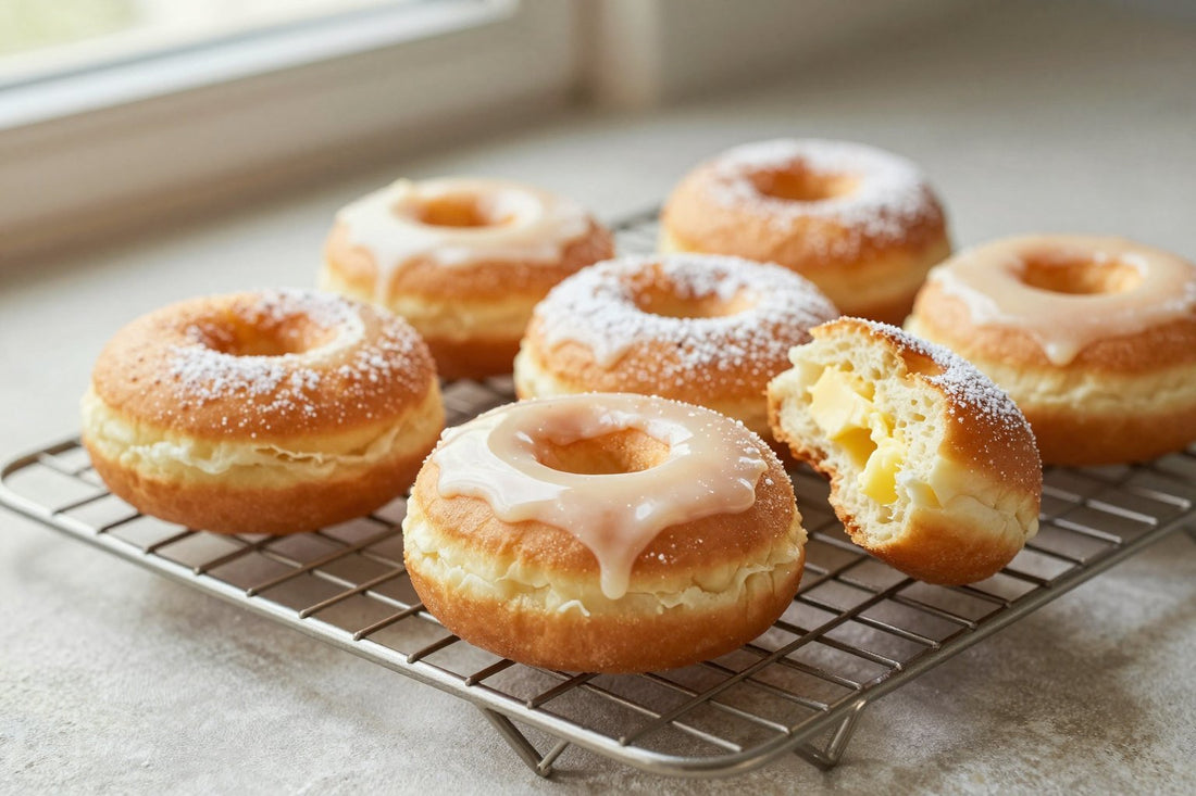 Fresh brioche doughnuts on a wire cooling rack, one broken open to show the tender inside
