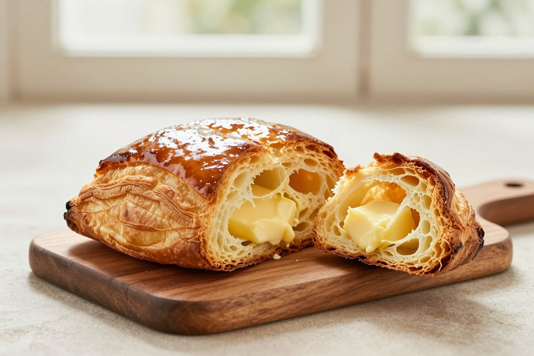 A glossy, deep golden brioche feuilletée on a wooden board, one piece torn open to show the soft, feathery crumb