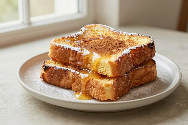 A stack of thick golden slices of brioche french toast on a plate, dusted with powdered sugar