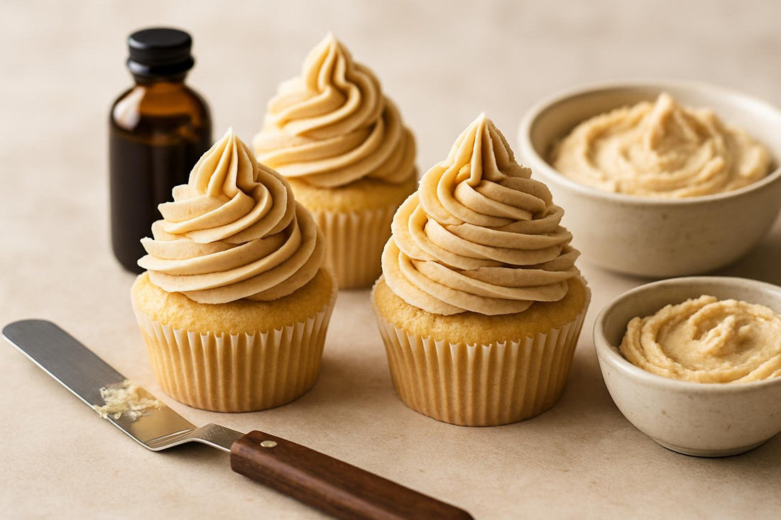 Cupcakes piped with brown butter buttercream frosting