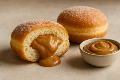Filled doughnut cut open to show brown butter custard