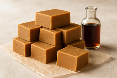 Squares of brown butter fudge on parchment