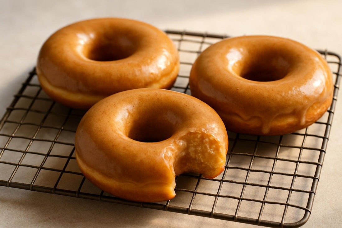 Doughnuts finished with brown butter glaze on a cooling rack