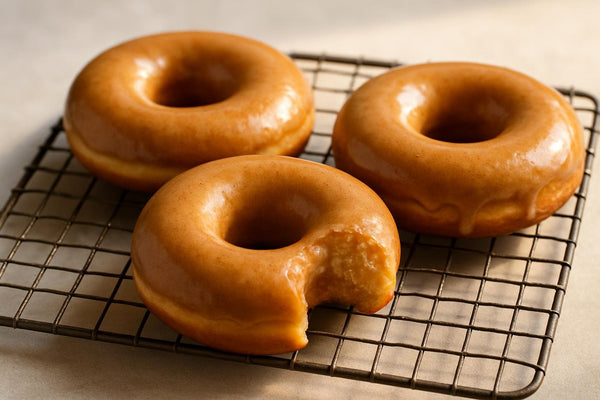 Doughnuts finished with brown butter glaze on a cooling rack