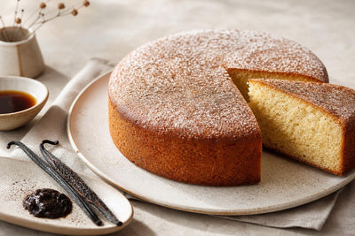 Brown butter vanilla layer cake made with Indonesian vanilla