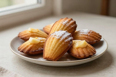 Shell-shaped brown butter madeleines on a plate, showing their golden humps and ridged sides