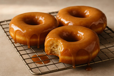Doughnuts finished with brown butter maple sauce on a cooling rack