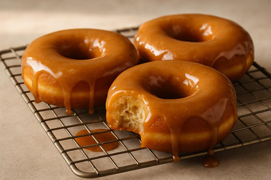 Doughnuts finished with brown butter maple sauce on a cooling rack