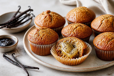 Brown butter vanilla muffins made with Ugandan vanilla