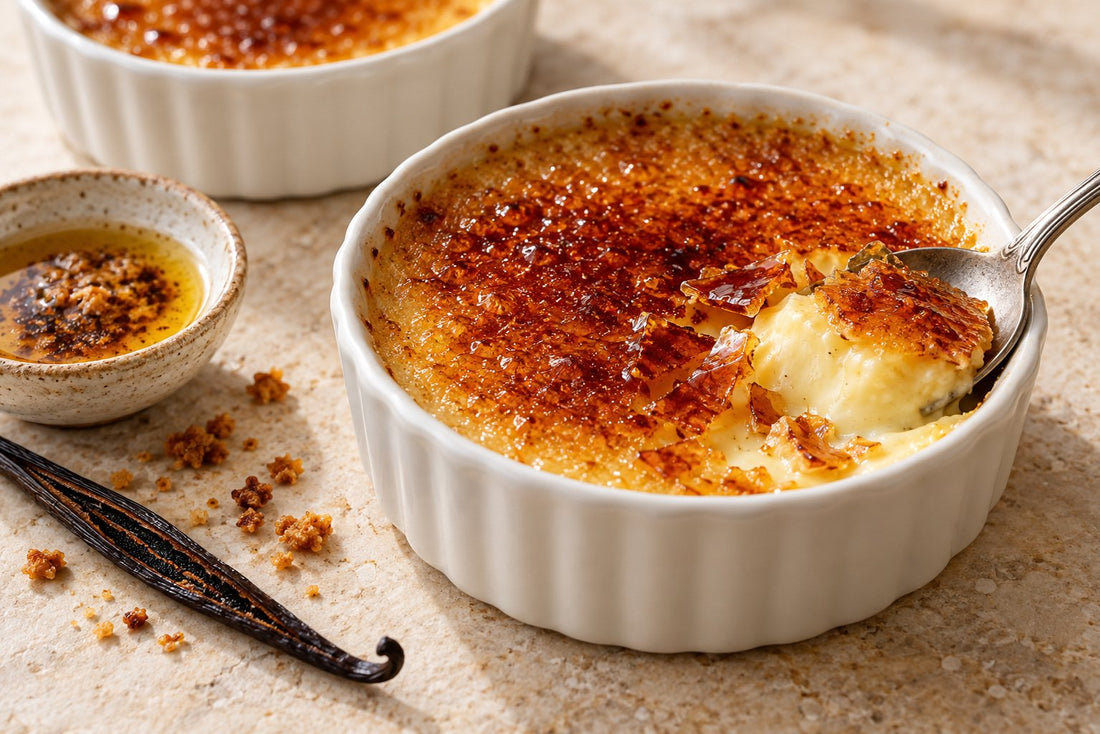 Brown Butter Vanilla Crème Brûlée in a ramekin with a caramelized sugar crust