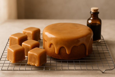 Cake coated in glossy brown sugar boiled icing