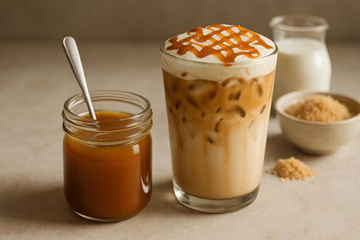 A small glass jar of golden-brown caramel sauce with a spoon, beside an iced latte finished with caramel drizzle