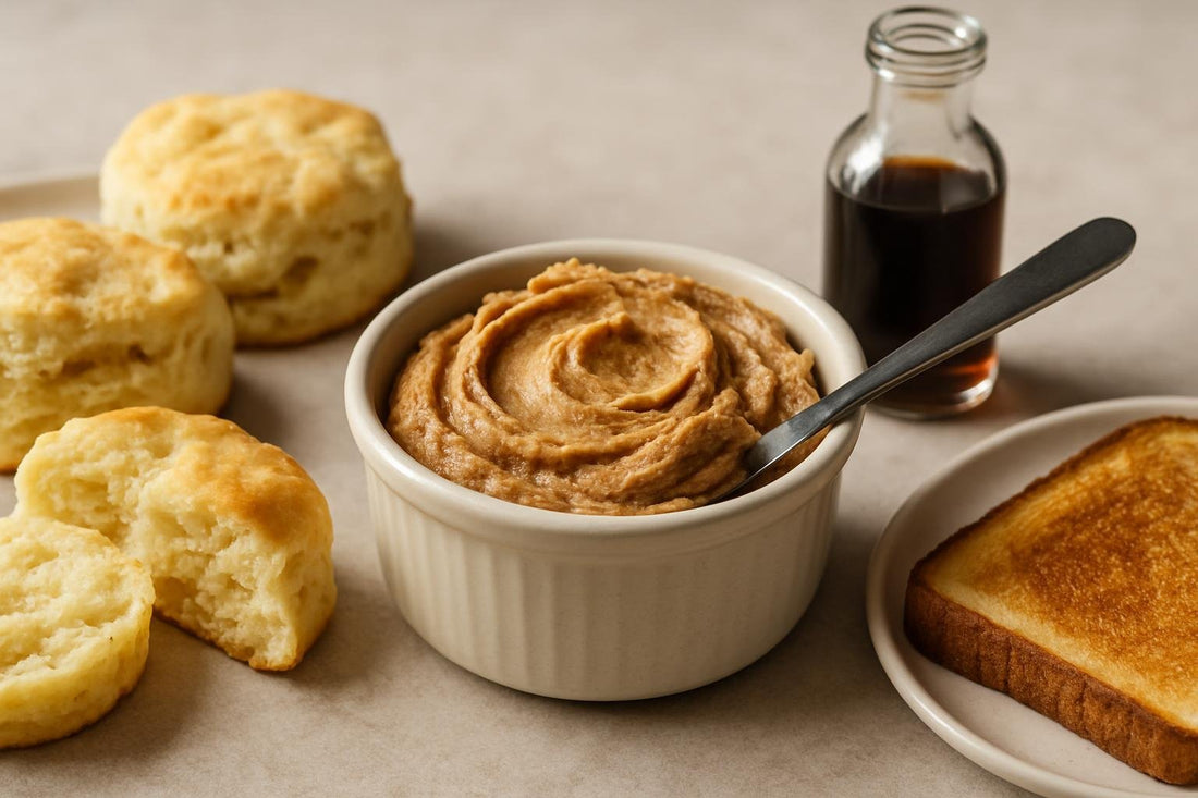 Brown Sugar Cinnamon Butter in a crock with warm biscuits