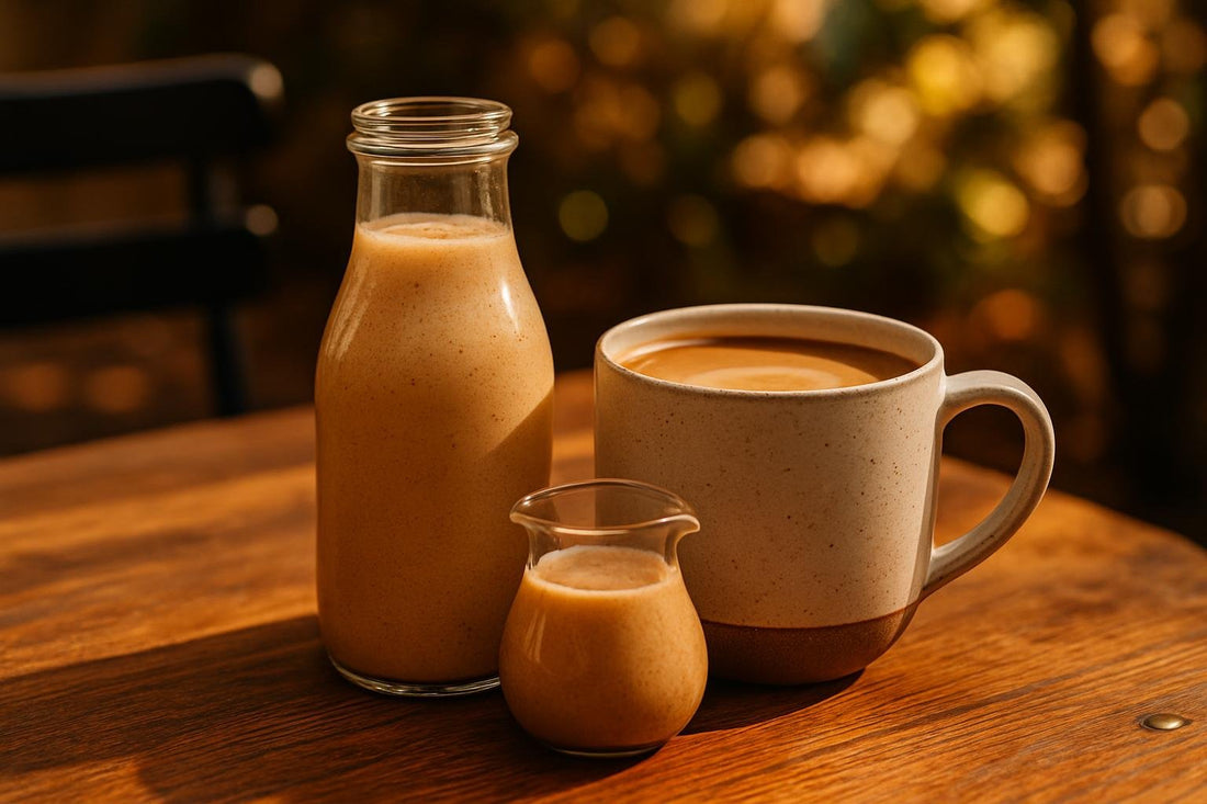 Brown Sugar Cinnamon Creamer in a ceramic mug on an oak patio table